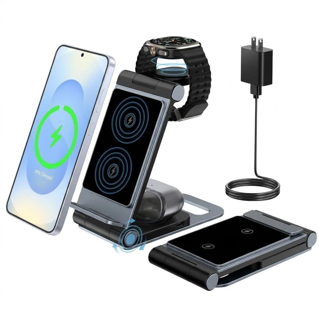 Foldable 3-in-1 wireless charging stand for Samsung devices, 180° hinge, metal finish
