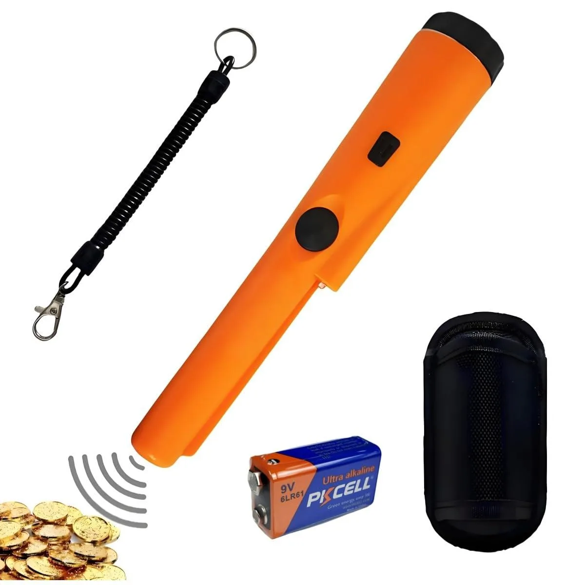 Orange handheld pinpointer wand with black tip and belt holster