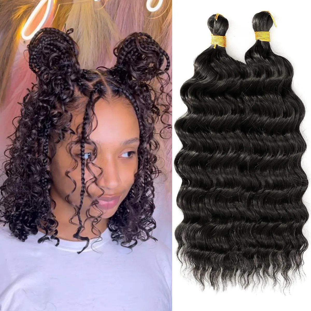 Two packs of 12 inch deep wave braiding hair in colour 1B, synthetic fibre with curly texture