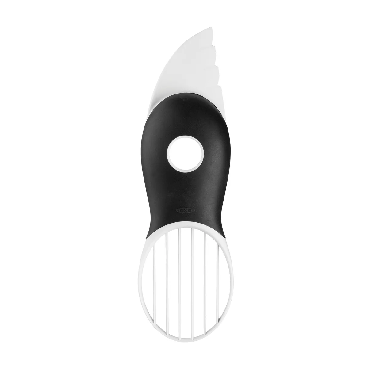 White plastic avocado tool with curved blade, pitter loop, and soft grip handle