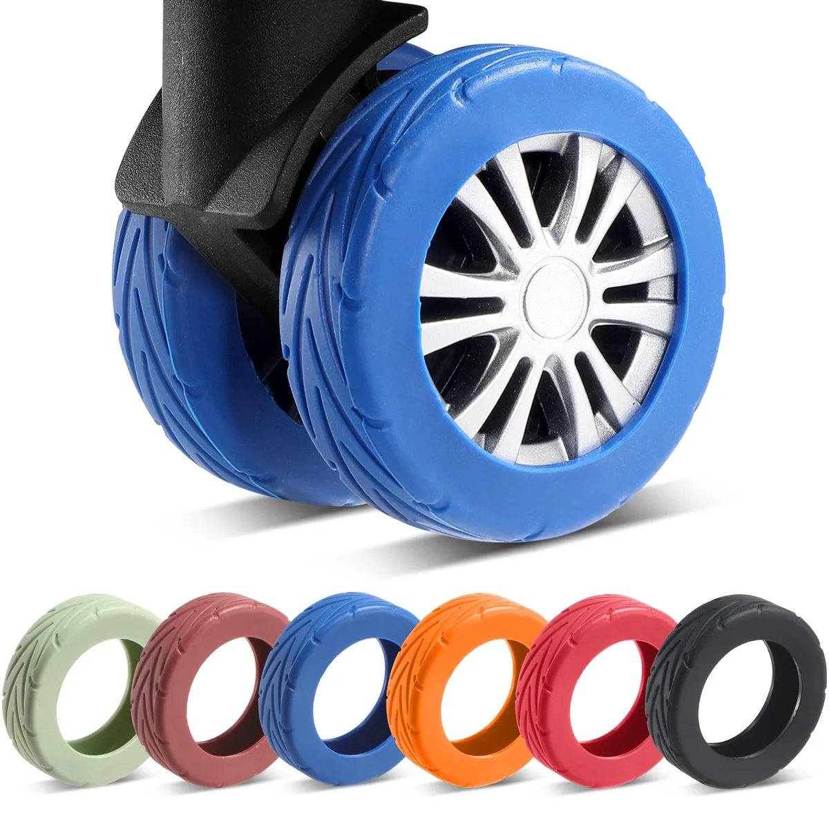 Eight blue silicone wheel covers with arrow tread pattern, 0.4 inch wide sides