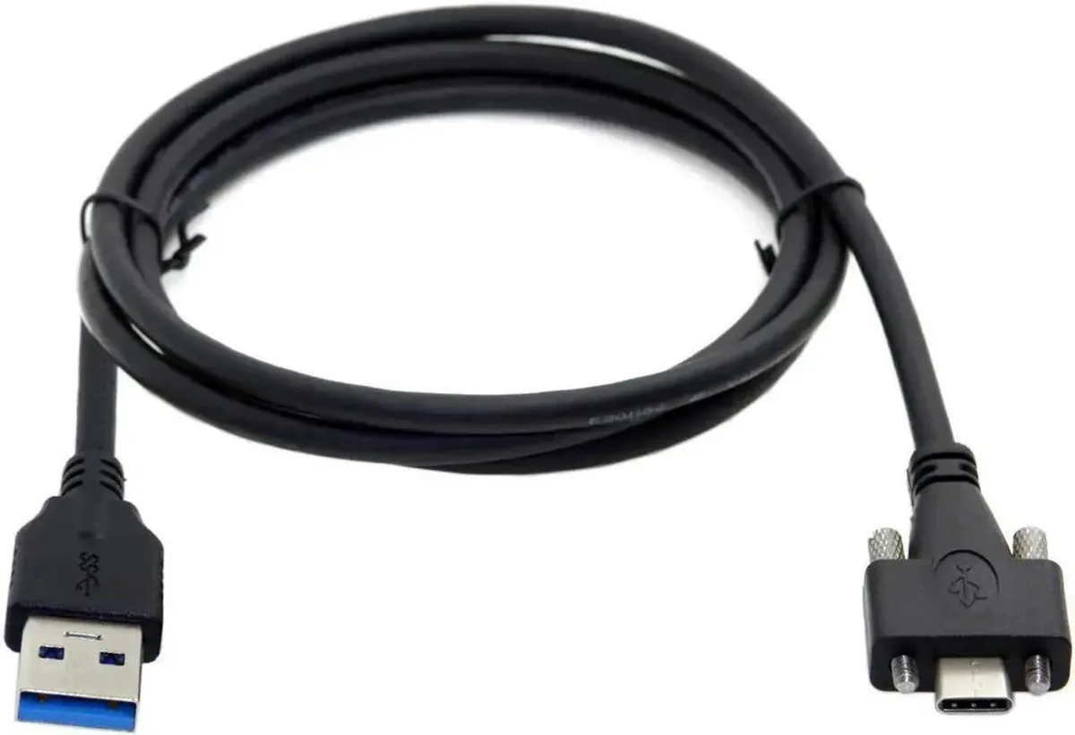 1.2m panel-mount USB 3.1 Type-C locking cable to USB 3.0, dual-screw connector, shielded heavy-duty jacket