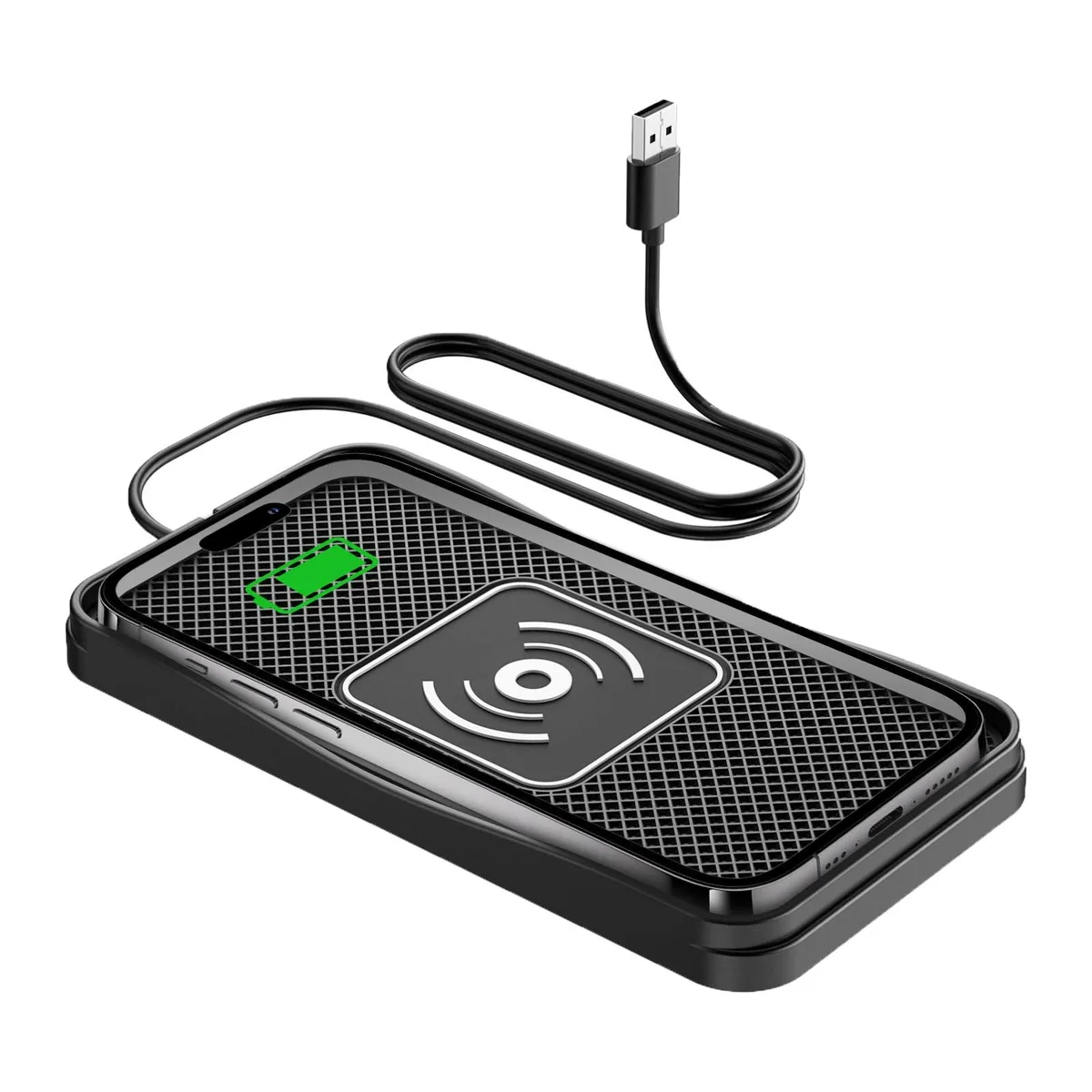 Rectangular wireless charging pad, matte black finish, 7 by 3.7 inches