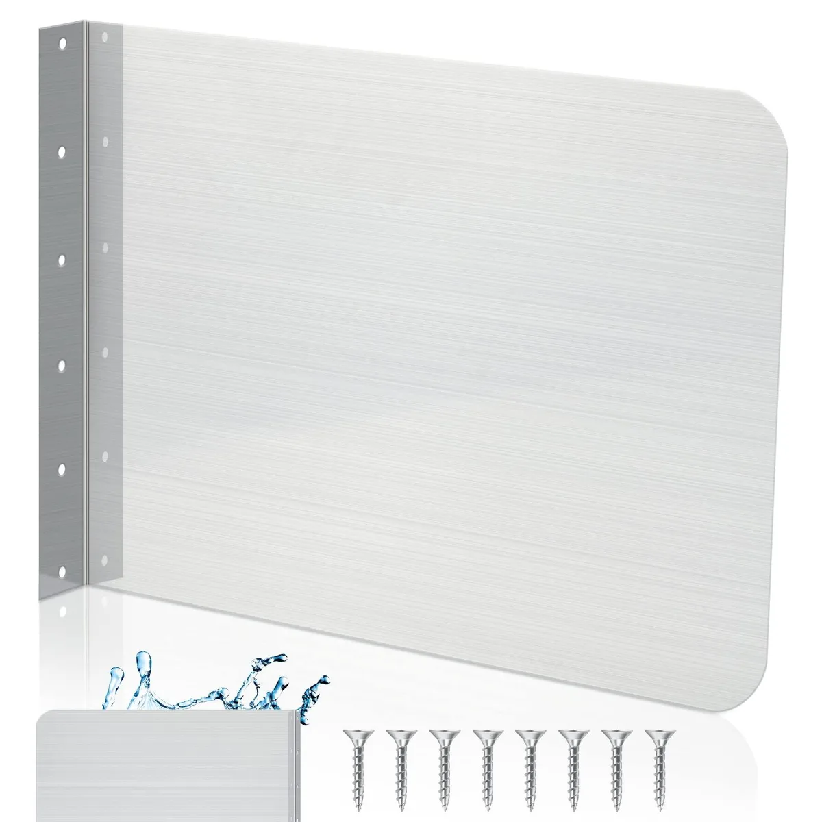 Rectangular 15 by 12 inch stainless steel splash guard with rounded corners and pre-drilled mounting holes