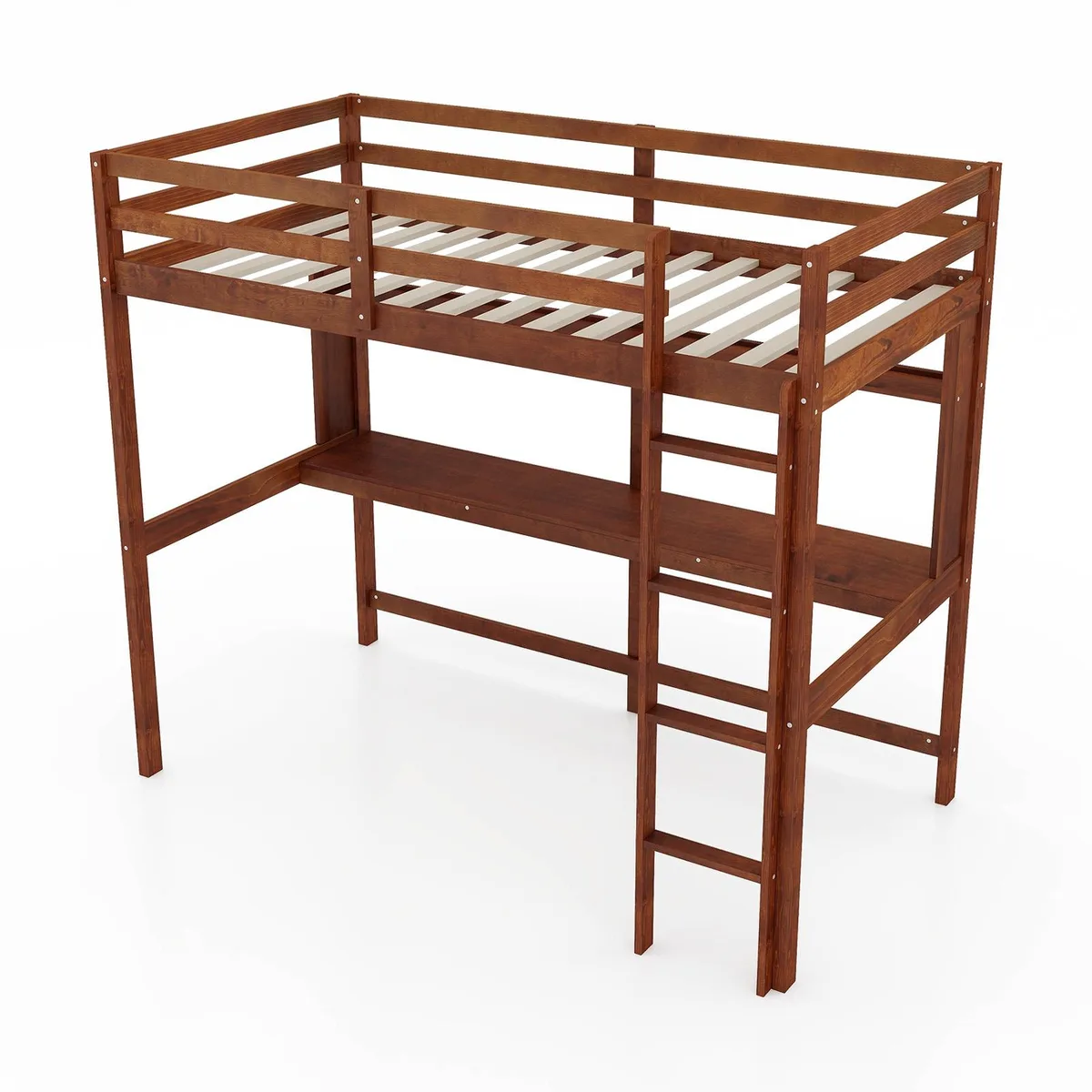 Brown pine wood twin loft bed with integrated desk and ladder