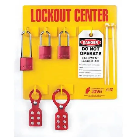 Yellow open-front lockout station board with 11 electrical lockouts including 2 hasps 3 padlocks and 3 tags