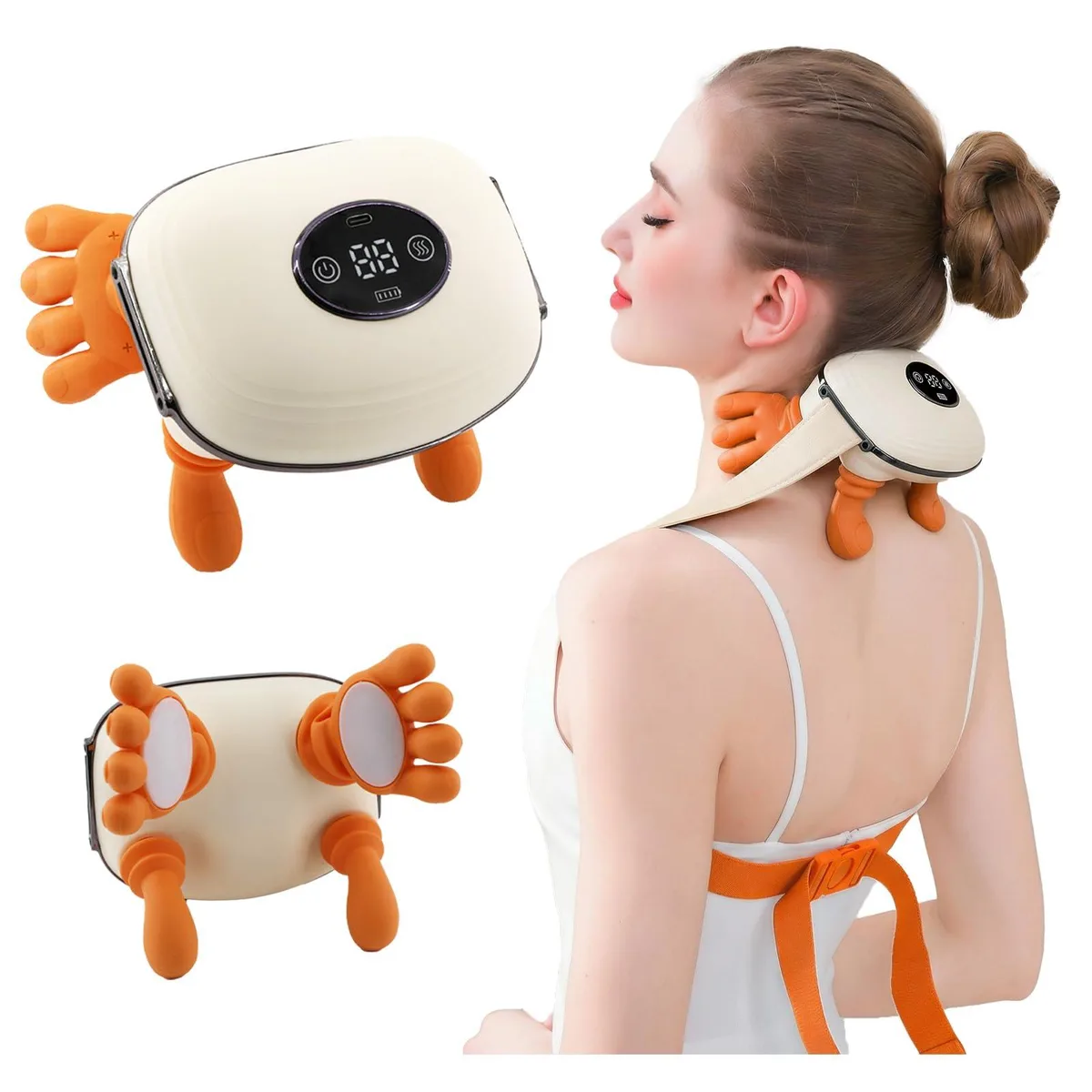 Beige wrap-around neck massager with curved massage heads, lightweight ABS plastic shell