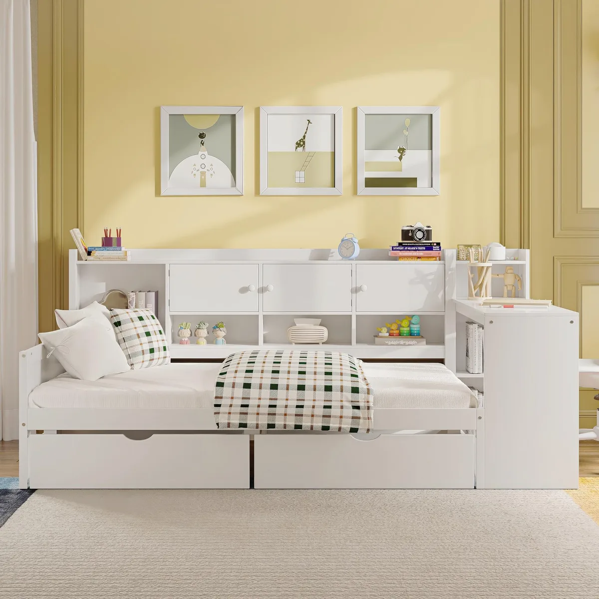 White wooden L-shaped daybed with desk, bookshelf, seven cabinets and two drawers