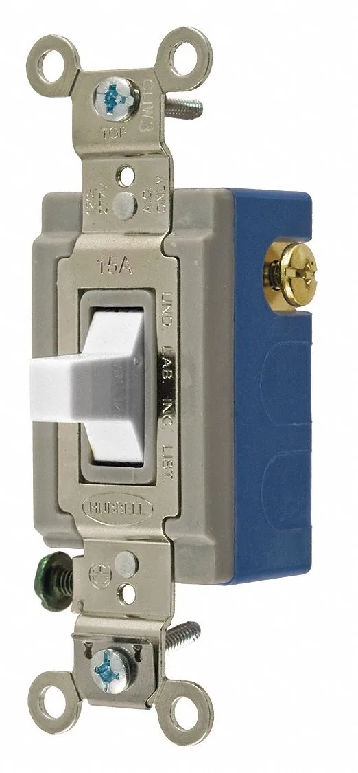 White rectangular wall switch with toggle lever and mounting holes visible