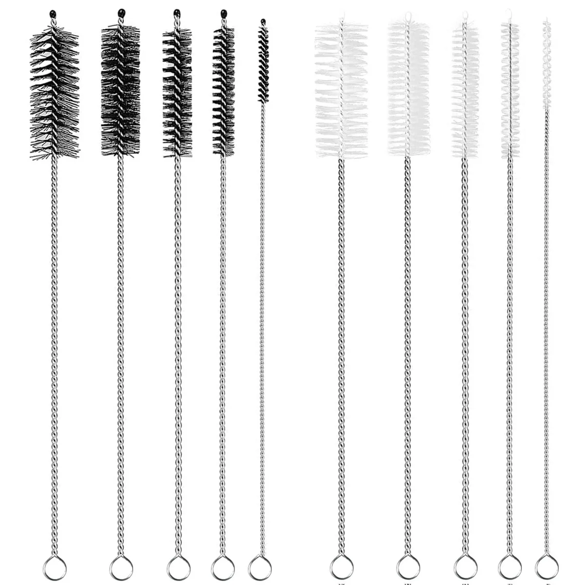 Set of ten 12 inch straw brushes with black and white nylon bristles and stainless steel handles