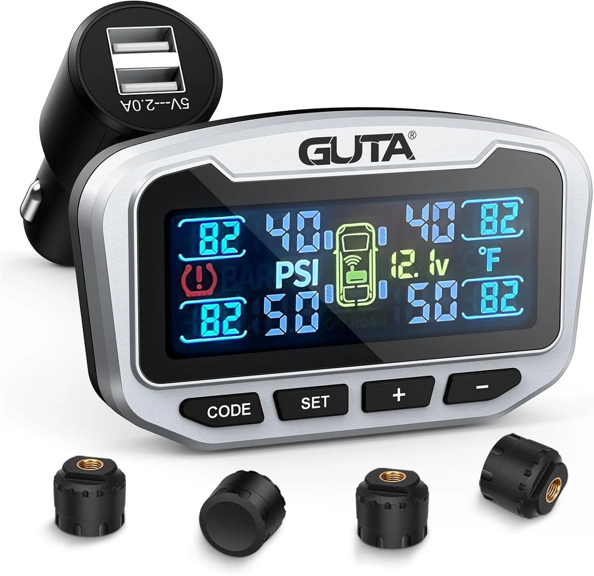 WUQ WUQ RV Trailer TPMS 4 Sensors 6 Alerts CLA Charging 2 USB-A 188psi — product photo