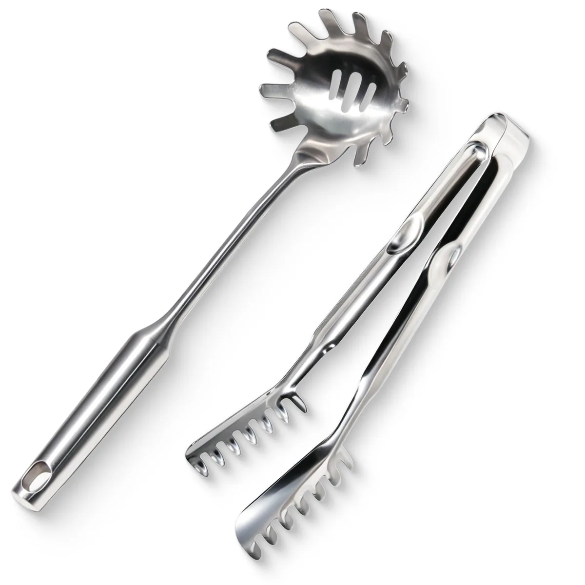 Two stainless steel pasta tools, a slotted spoon and toothed tongs, polished silver finish