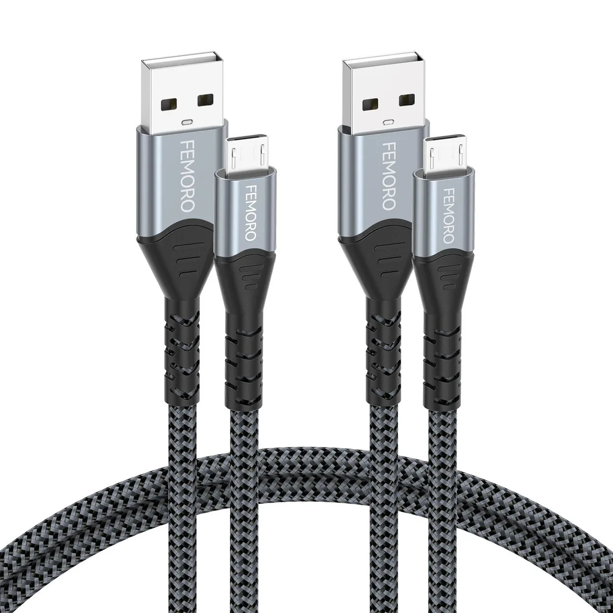 Two grey braided USB-A to Micro-USB cables, 3 ft each