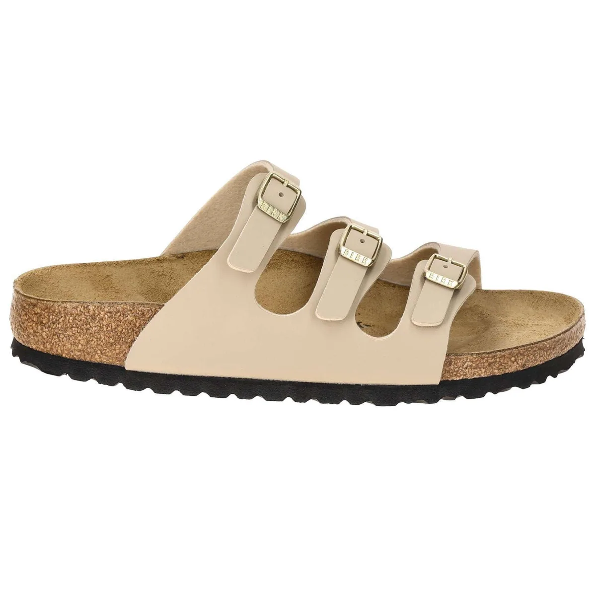 Birkenstock Florida sandal in sand Birko-Flor with three adjustable straps and cork footbed