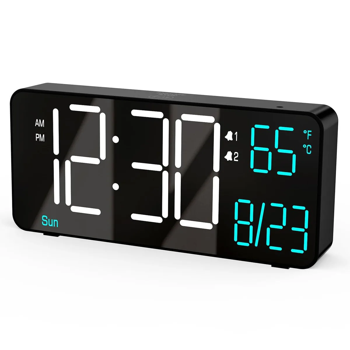 Black rectangular LED clock showing white and blue digits