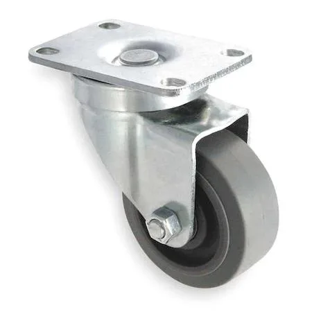 Gray thermoplastic rubber swivel plate caster with plastic core, 4 inch wheel, standard plate mount
