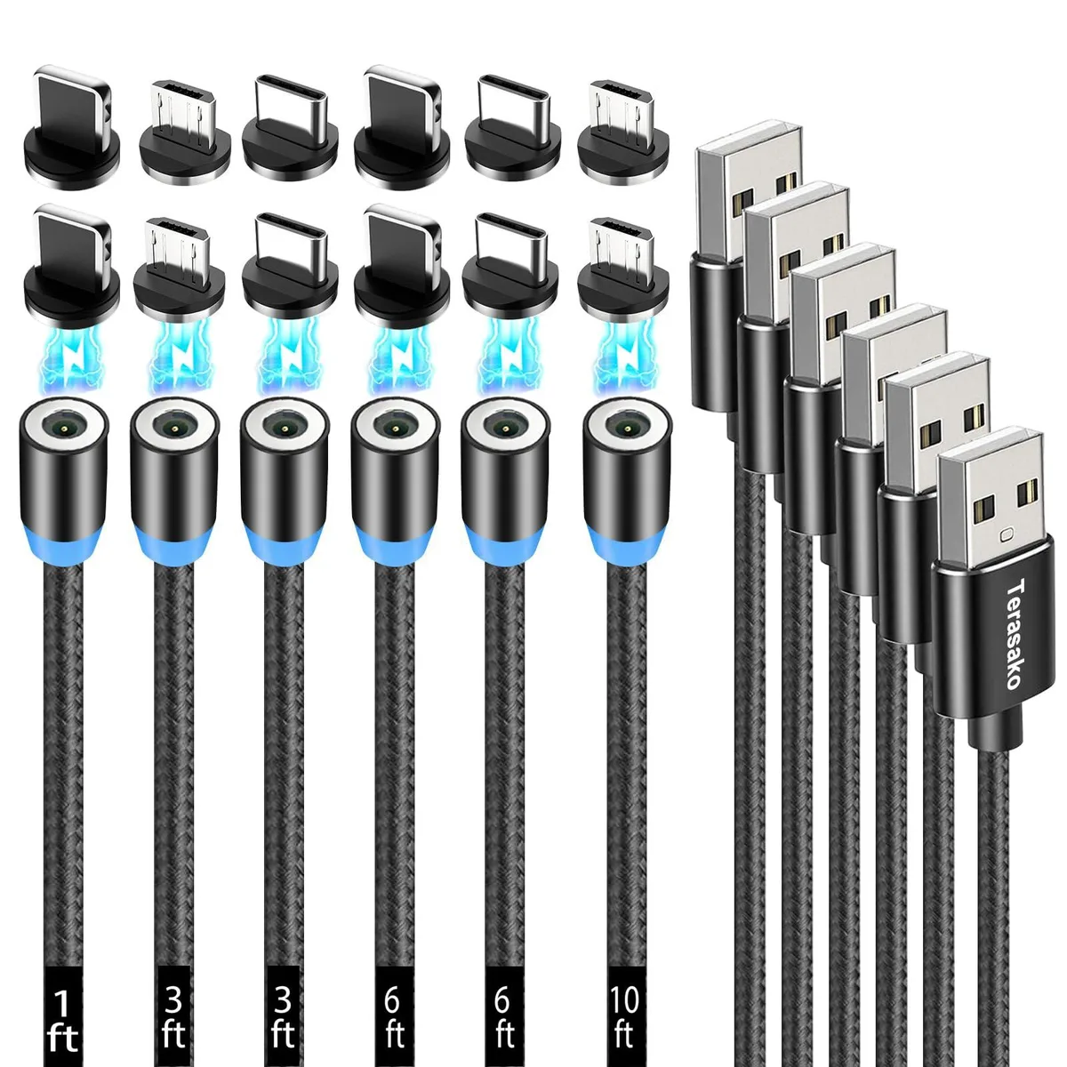No Sew No Sew Magnetic Charging Cable 10 ft 2.4A 360° LED 6-Pack — product photo