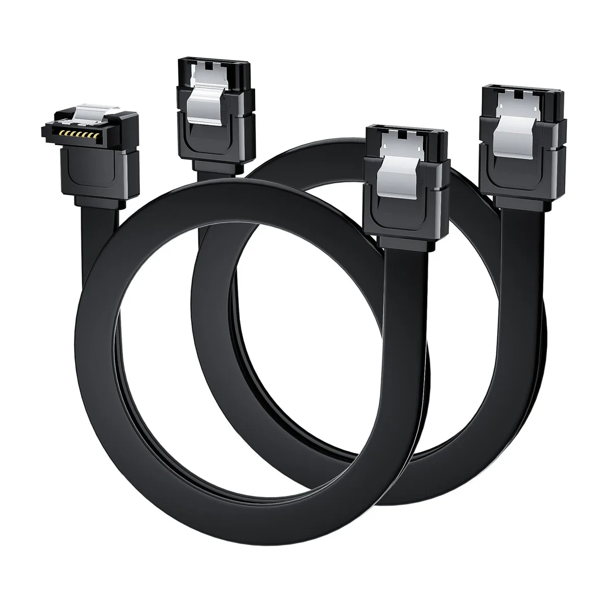 Two SATA cables, one straight and one 90-degree right-angle connector, flat red PVC jacket