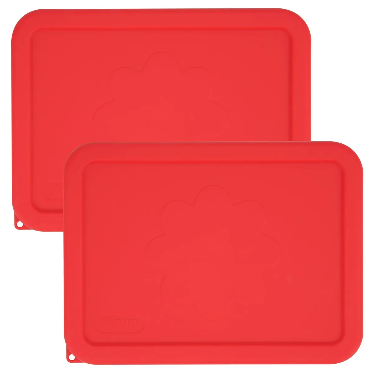 Two rectangular red silicone lids with hanging holes