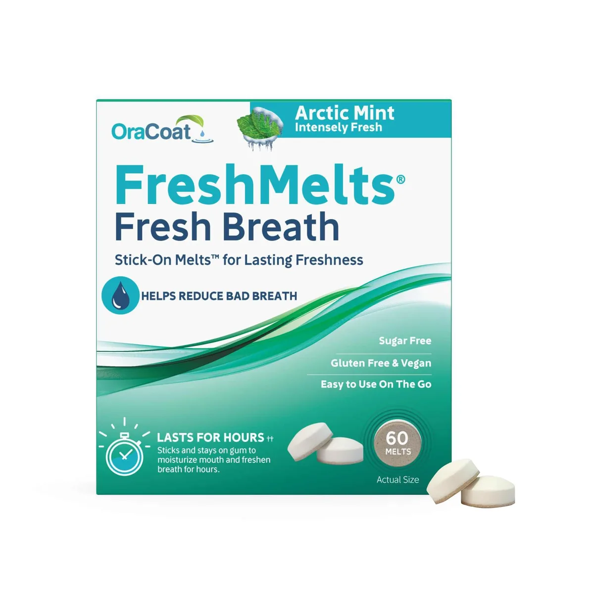 Small rectangular box containing sixty mint oral melts in blister packaging