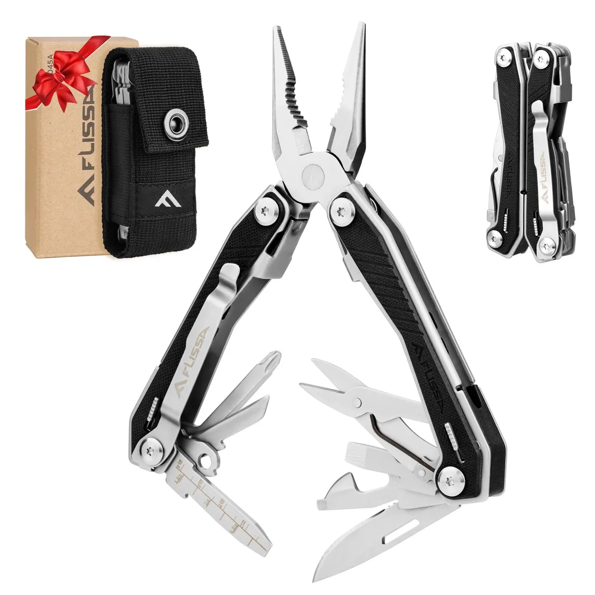 Folded multi-tool with textured G10 handle scales, stainless steel plier head and belt clip visible