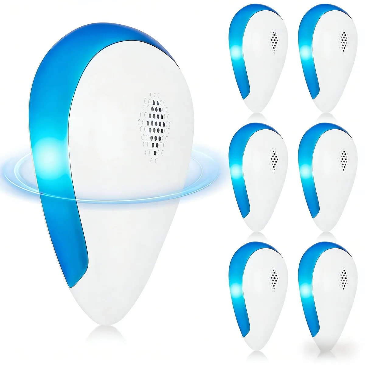 Six white plastic ultrasonic pest repeller units with wall plug prongs