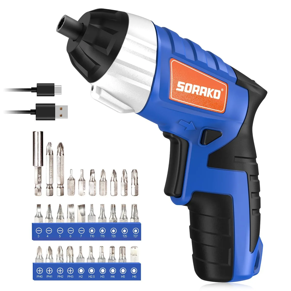 Compact 4.0V cordless screwdriver with LED light, magnetic 1/4 inch chuck, soft-grip handle, 30-piece bit set included