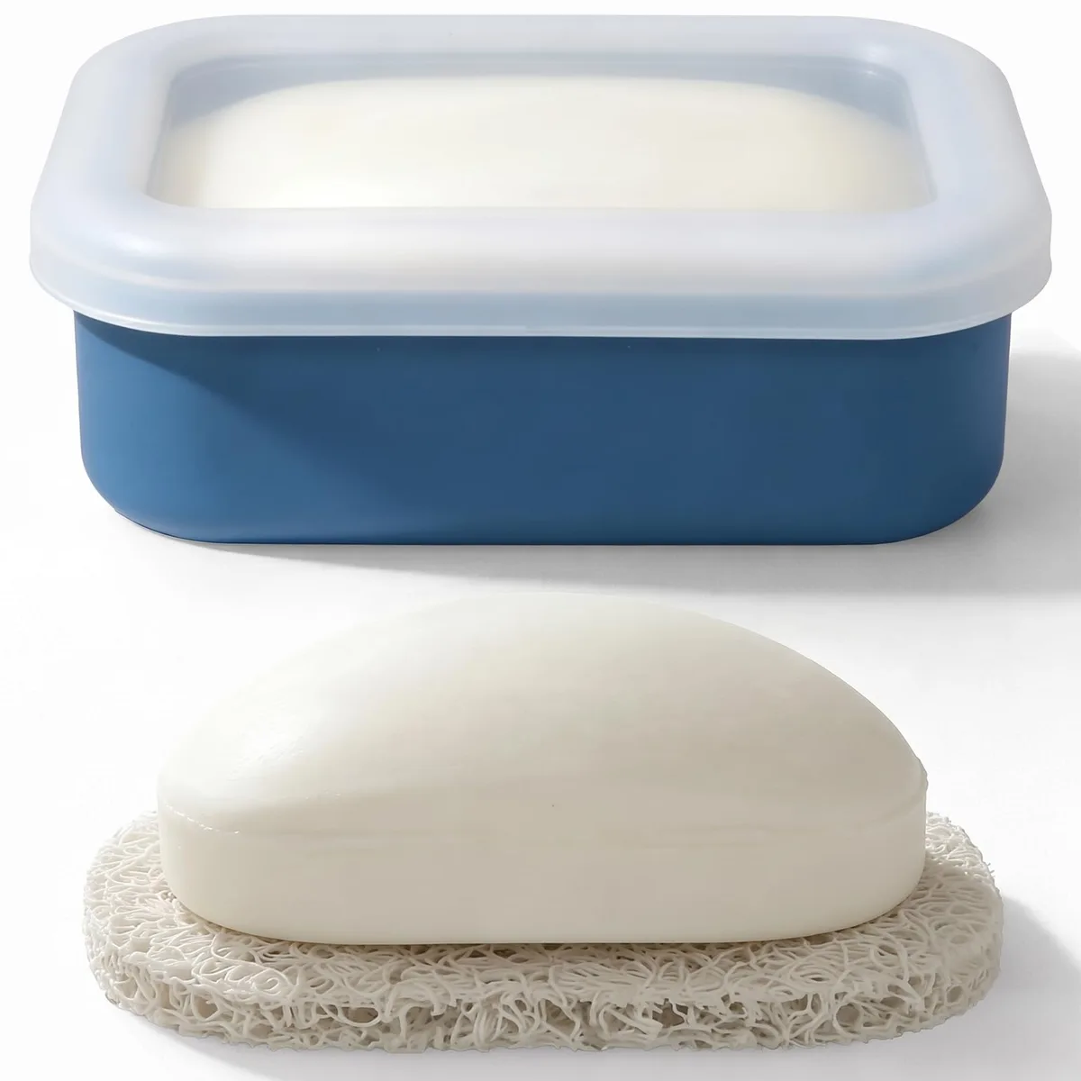 Blue silicone travel soap case with translucent lid and drainage layer