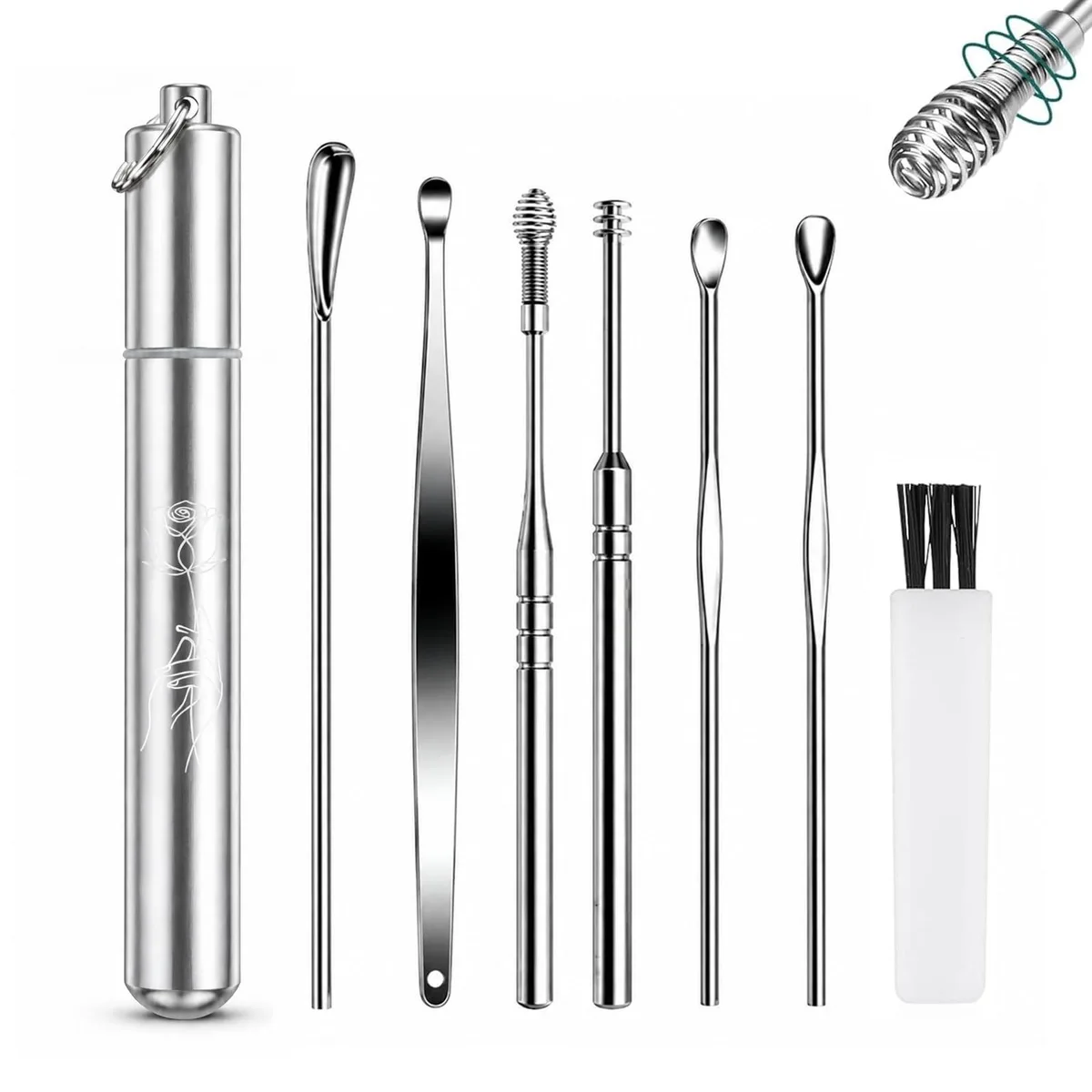 Six stainless steel ear tools in silver with storage tube