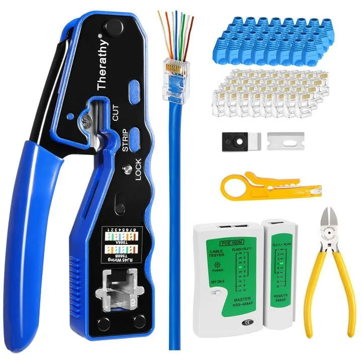 Therathy RJ45 Crimp Tool Kit, Pass Through, 50PCS Connectors, Tester, Cutter — product photo