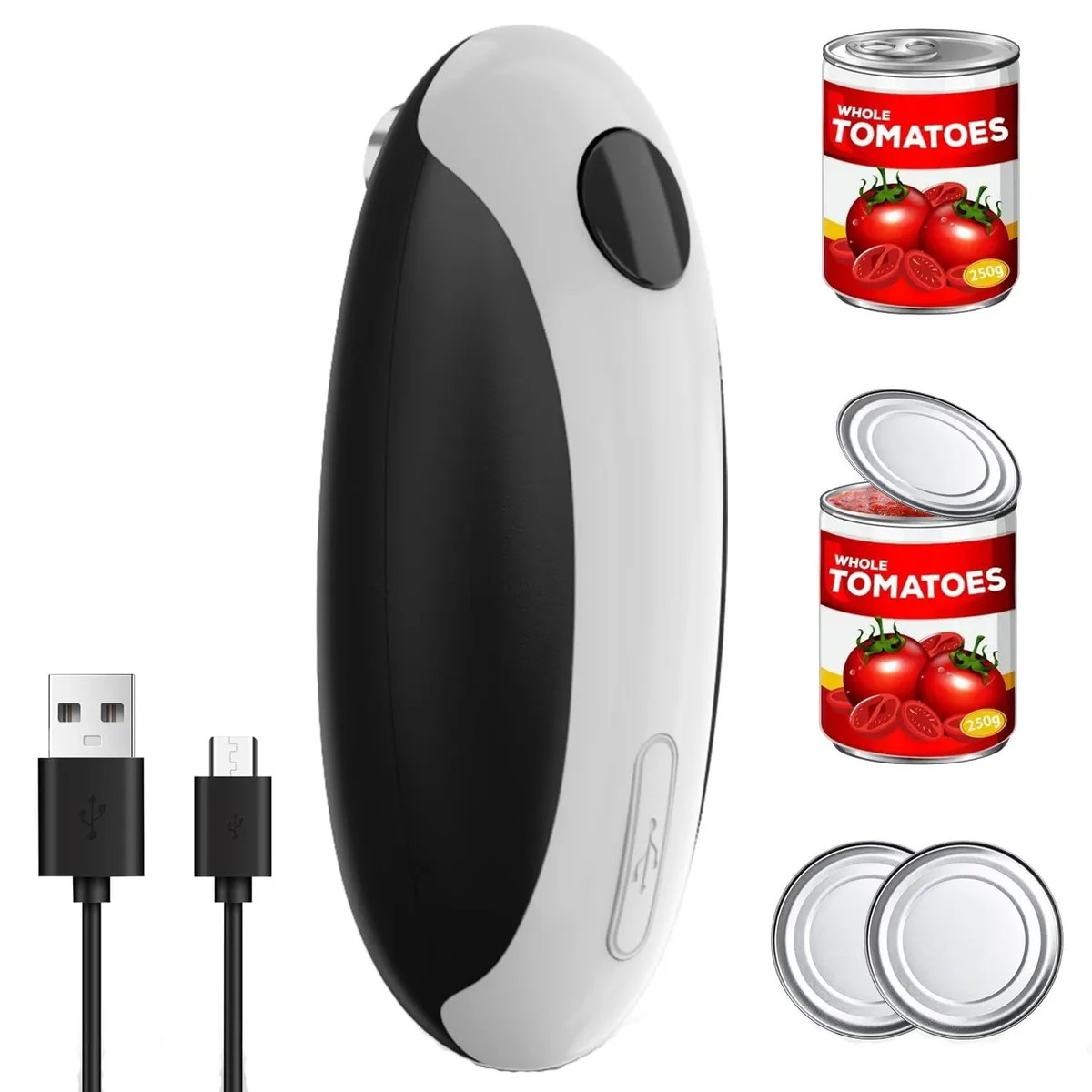 Compact white automatic can opener with stainless steel blade, USB rechargeable
