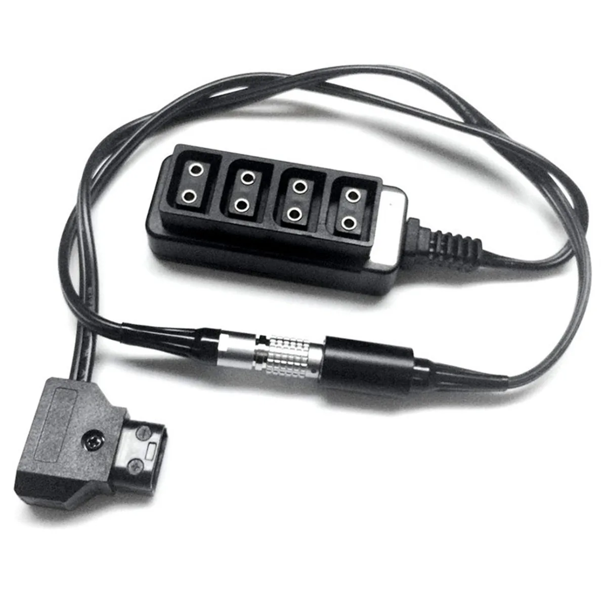 Compact black splitter with Lemo male input and four D-Tap female outputs