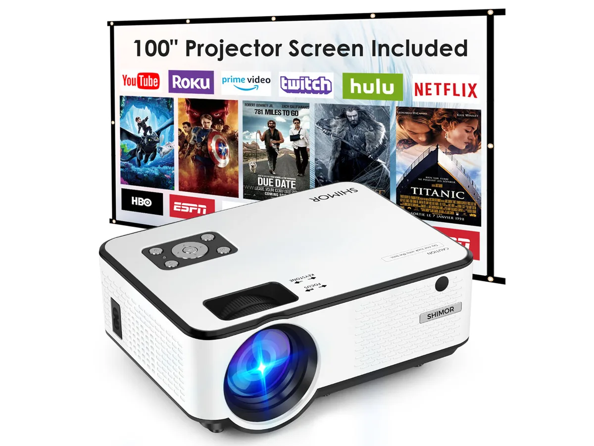 Compact rectangular projector with matte black finish and included folded 100 inch screen