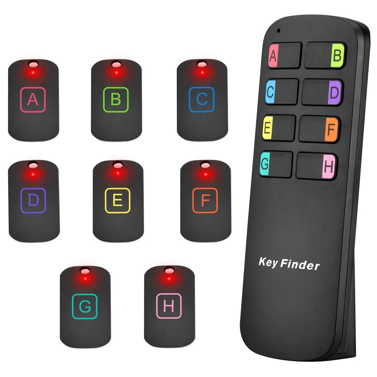 A white plastic remote with eight colour-coded buttons and eight small matching tags