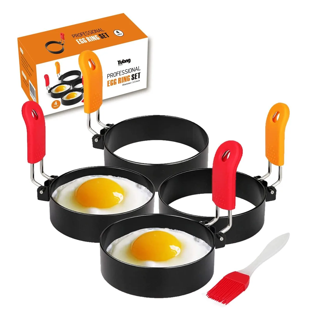Four stainless steel egg rings with silicone handles, 3.5 inch diameter