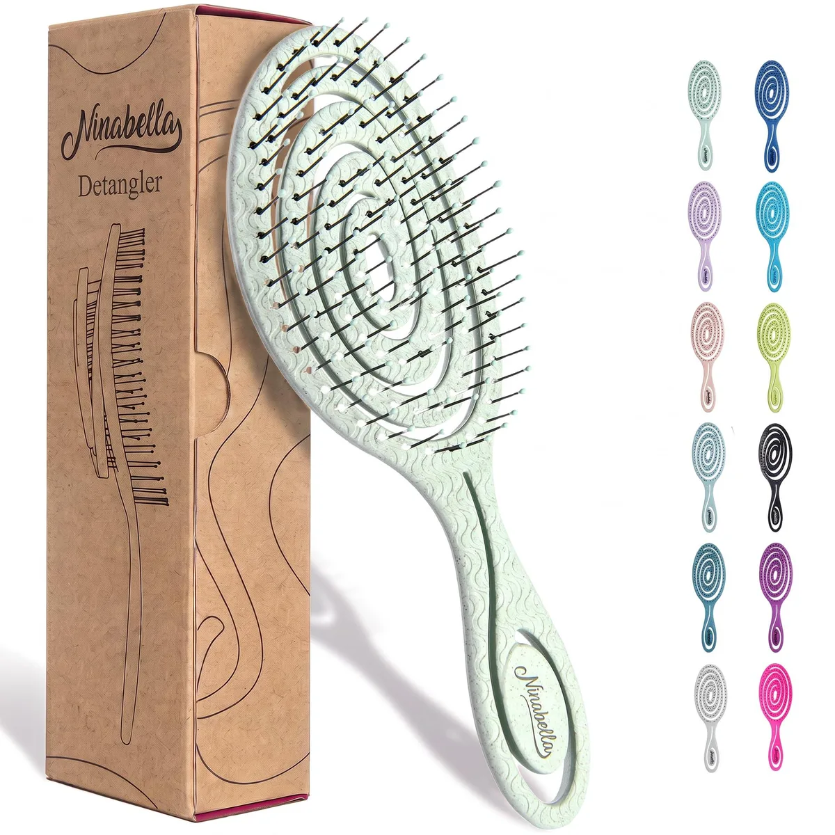 Natural Green detangler brush with flexible bristles, ergonomic handle, recycled plastic body