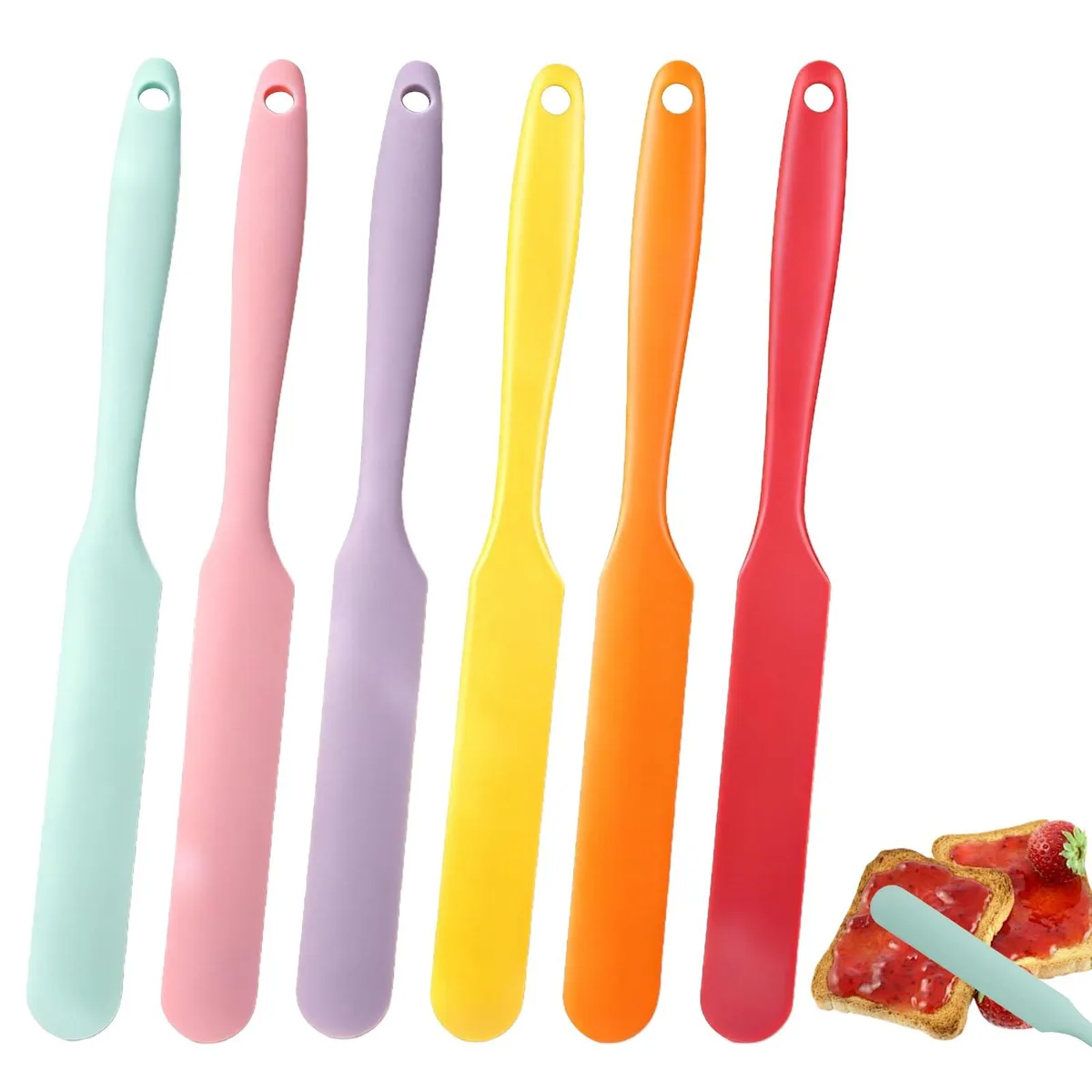 Six thin flexible silicone spatulas with hanging holes