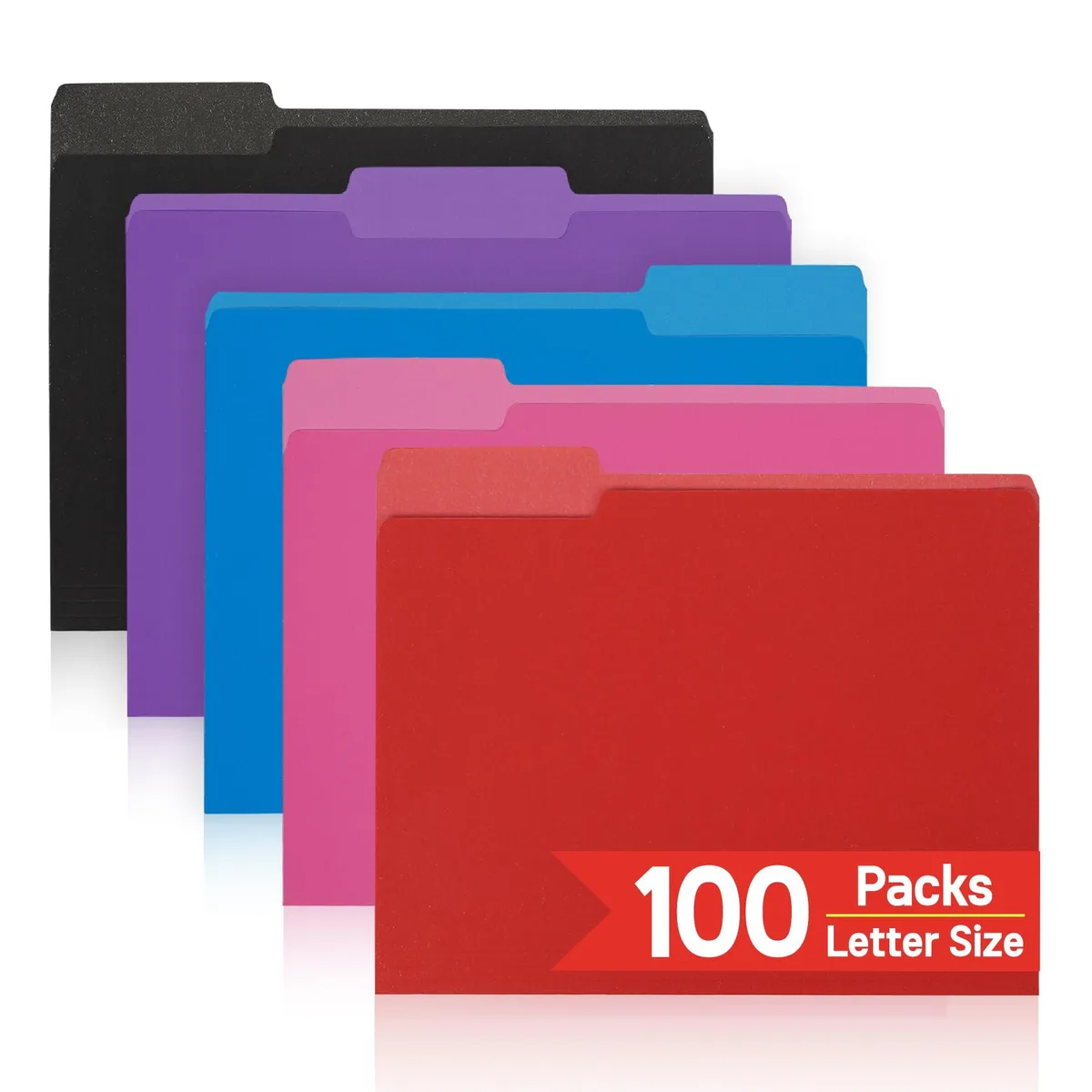Stack of 100 letter-size file folders with staggered 1/3-cut tabs in assorted colors