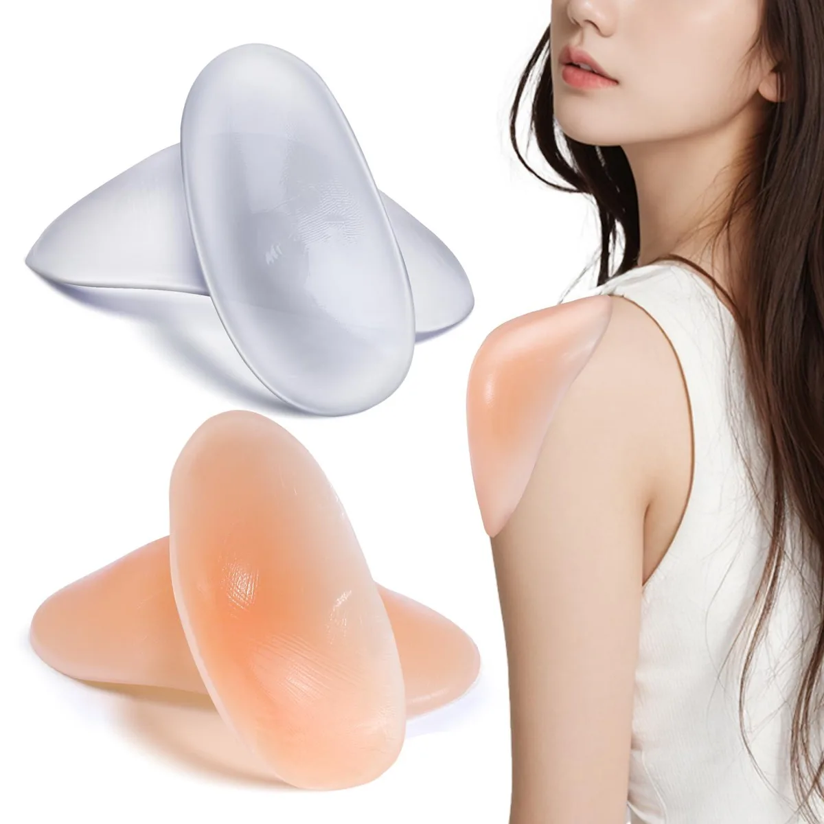 Two pairs of skin-transparent silicone shoulder pads, contoured thick centre thin edges, self-adhesive reusable