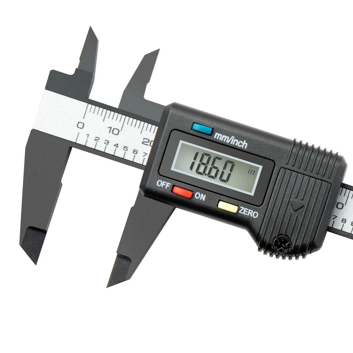 Compact plastic carbon fibre digital caliper with LCD display, dual jaws and depth probe