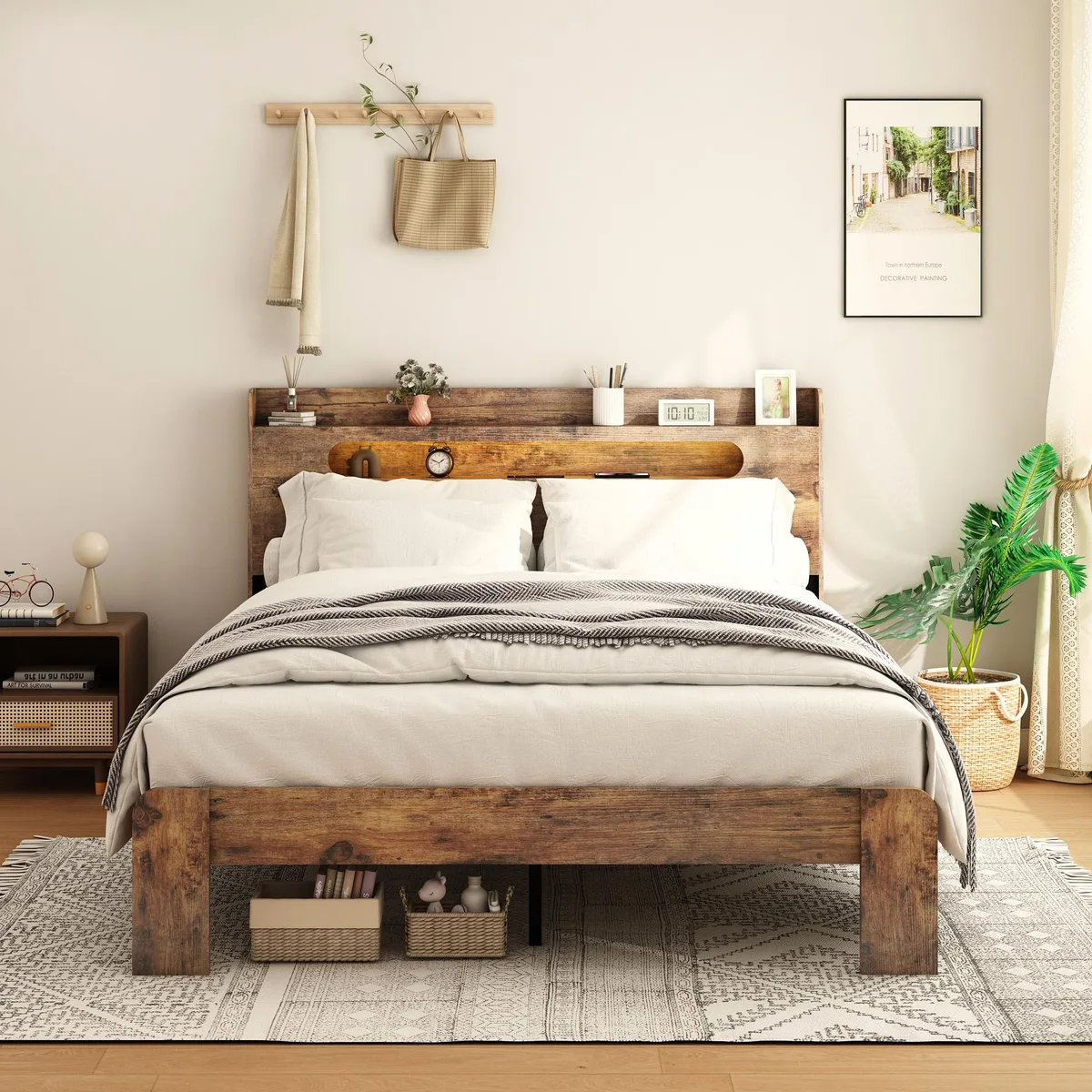 tuphen tuphen King Size Platform Bed Frame with Storage LED Headboard &amp; 2 USB Dark Brown — product photo