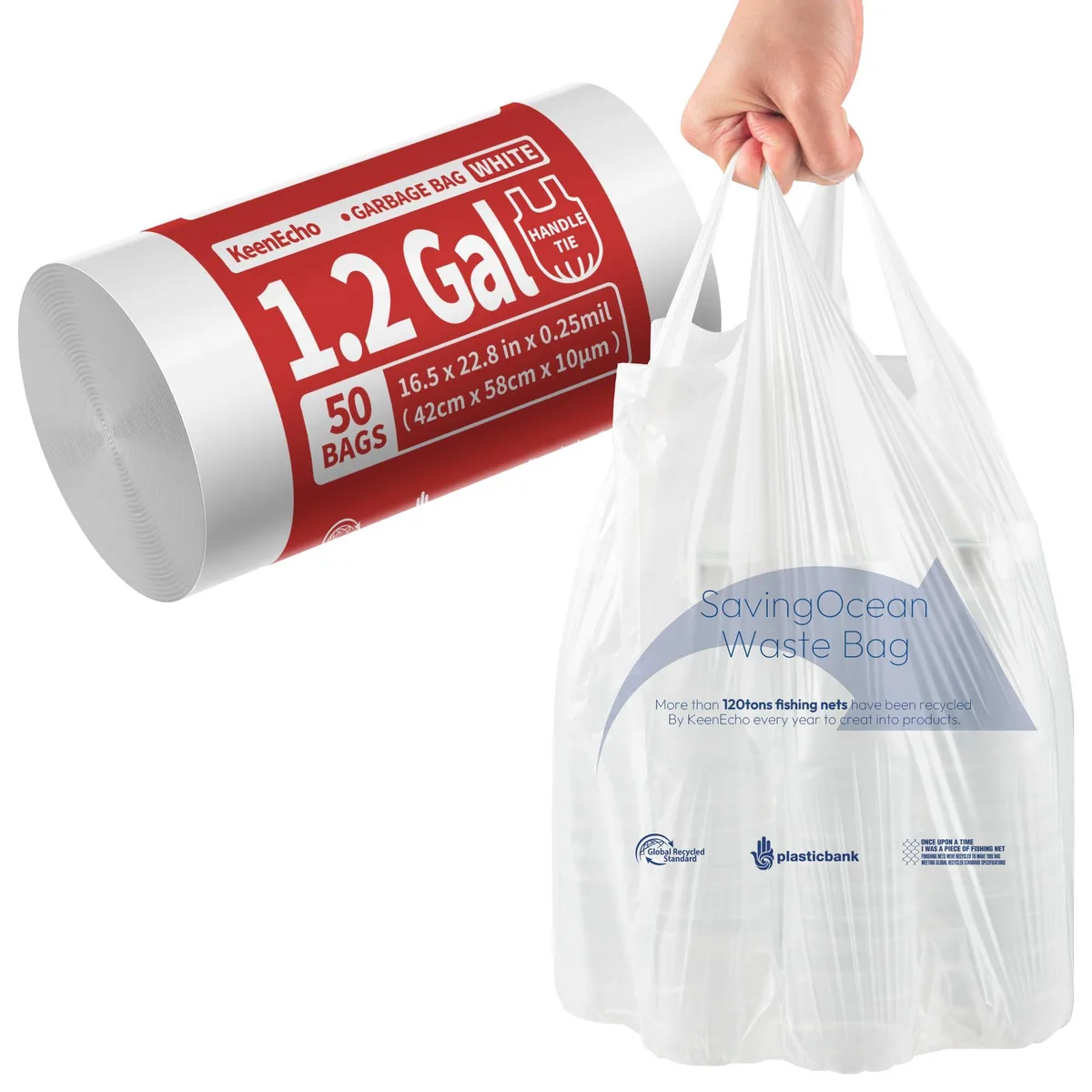 A roll of white 1.2 gallon trash bags with handles, 50 count
