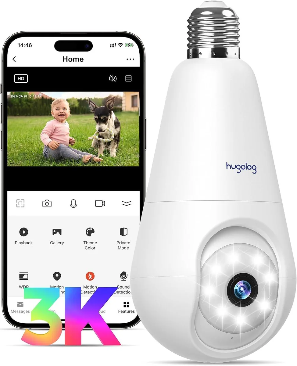 White light-bulb camera in E27 base with lens and speaker grille