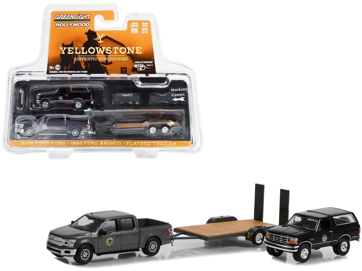 GREENLIGHT GREENLIGHT 2018 Ford F-150 150 1992 Bronco Trailer Yellowstone 1/64 Diecast — product photo