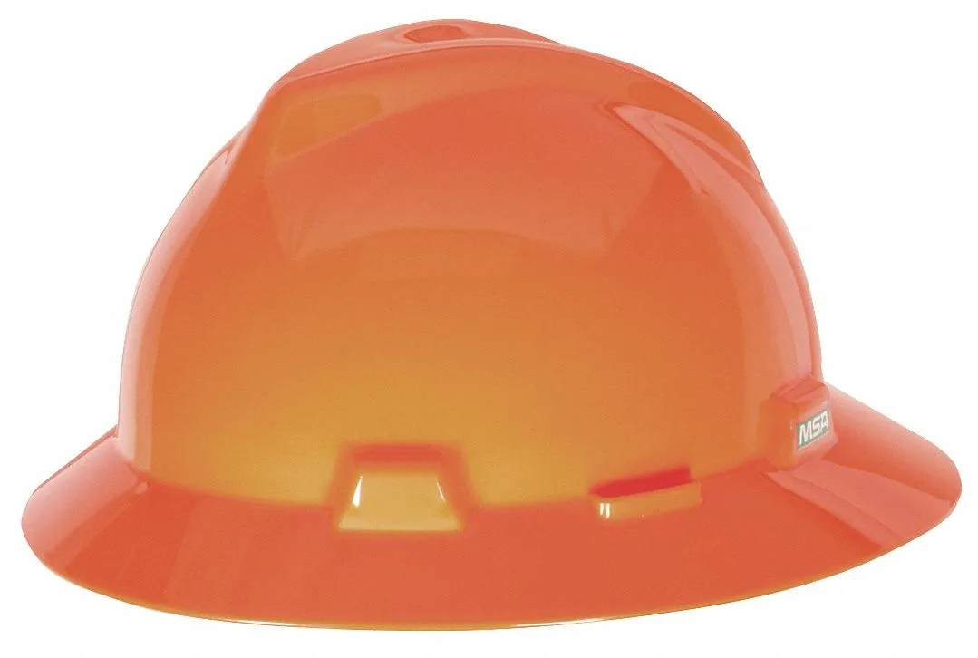 Orange full-brim polyethylene hard hat with 4-point pinlock suspension