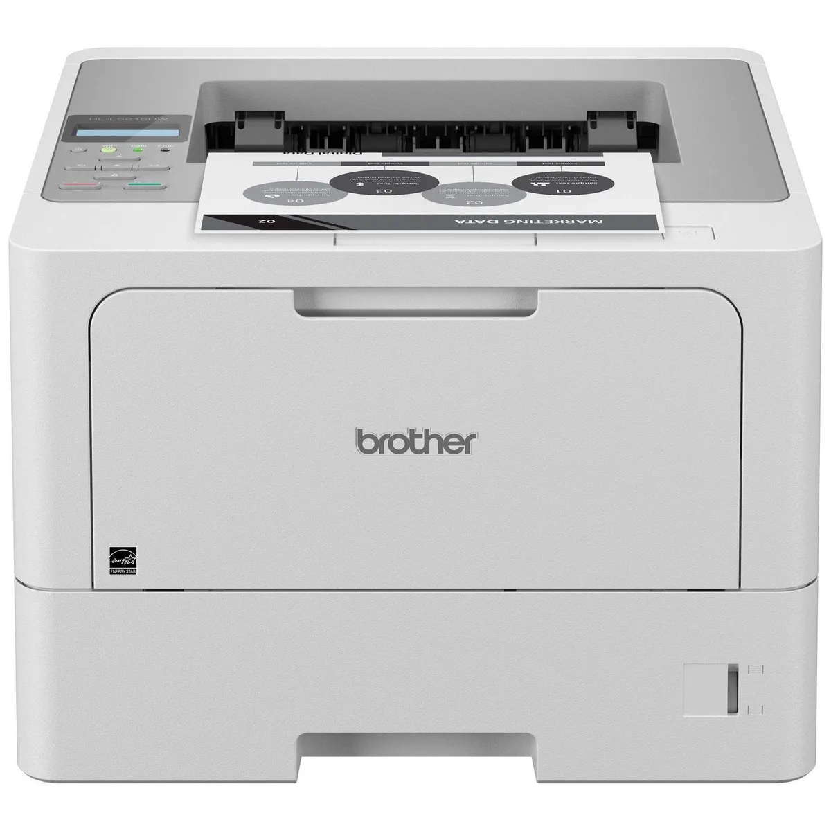 White rectangular Brother HL-L5215DW laser printer with front paper tray and control panel