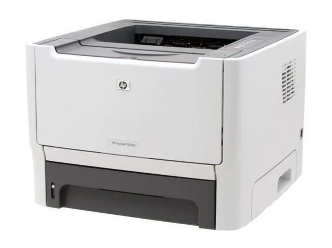 White rectangular HP LaserJet P2015D duplex laser printer with front paper tray and control panel