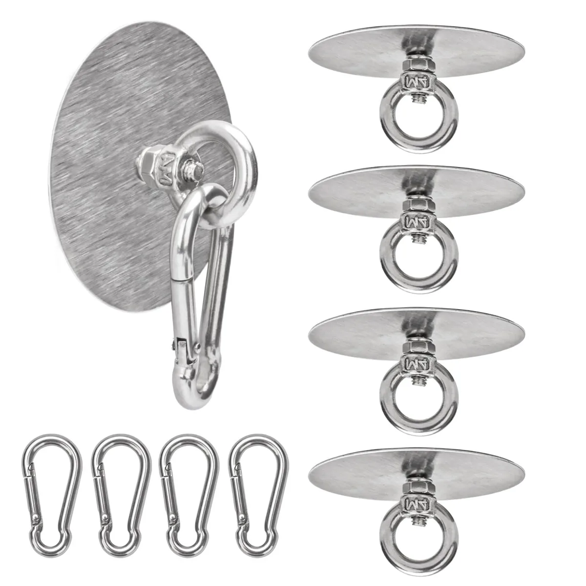 Four stainless steel adhesive ceiling hooks with white pads