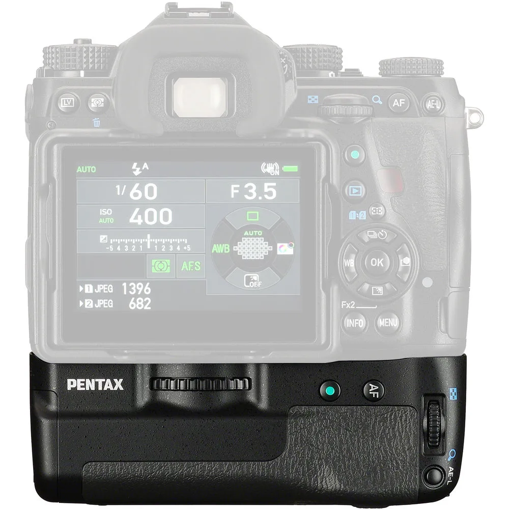 Black vertical battery grip with textured rubber finish, shutter button and dual command dials