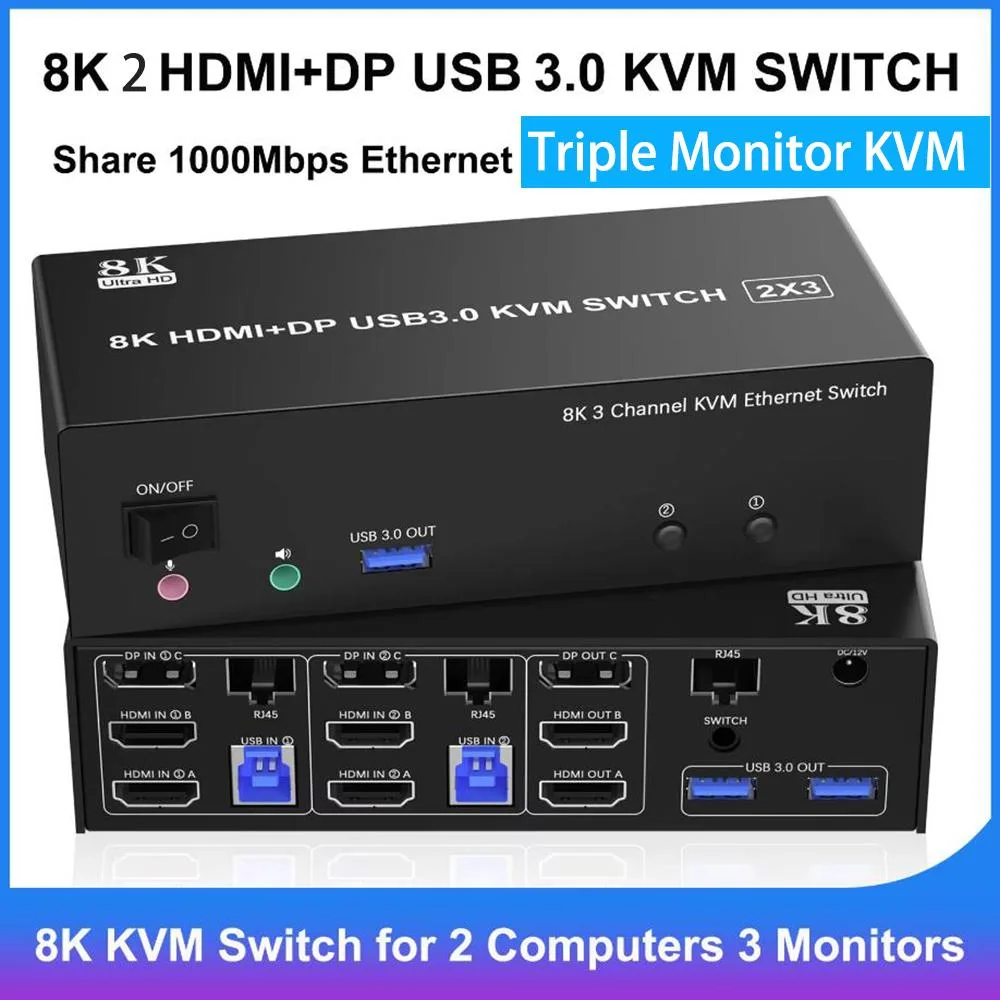IHDAPP IHDAPP KVM Switch 2 PC 3 Mon 2 HDMI+DP 8K@60 4K@144 3 USB 3.0 1000Mbps LAN Audio Remote 12V — product photo